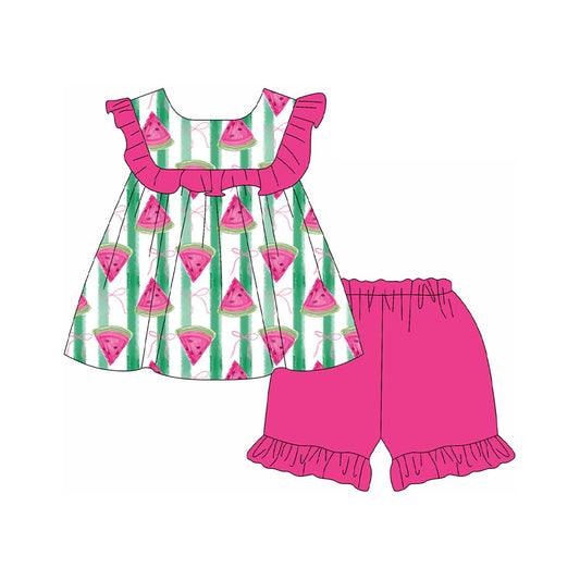 (Pre-order)GSSO2024  Watermelon Bows Tunic Top Hot Pink Shorts Girls Summer Clothes Set