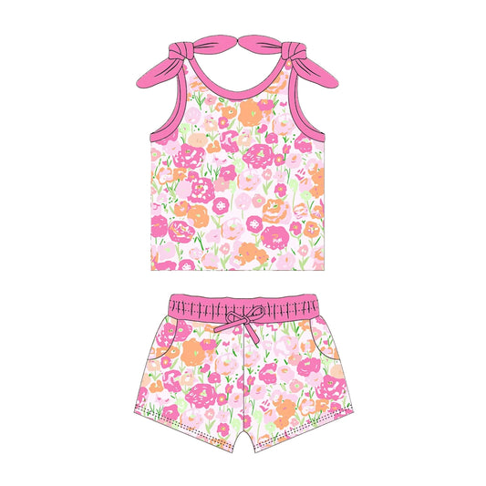 (Pre-order)GSSO2031  Hot Pink Flowers Print Shorts Girls Summer Clothes Set