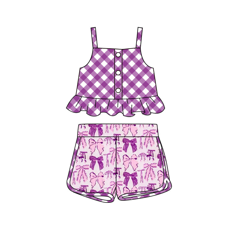 (Pre-order)GSSO2035  Purple Plaid Top Bows Shorts Girls Summer Clothes Set