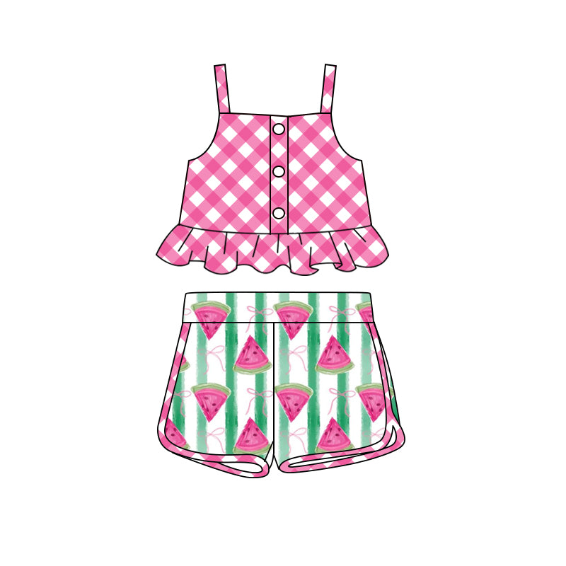 (Pre-order)GSSO2036  Pink Plaid Top Watermelon Bows Shorts Girls Summer Clothes Set