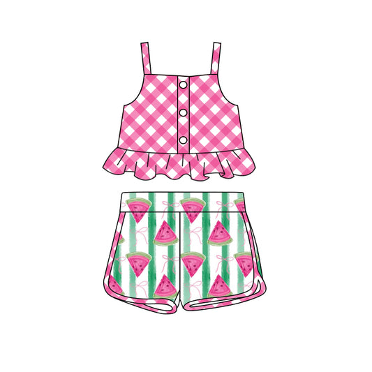 (Pre-order)GSSO2036  Pink Plaid Top Watermelon Bows Shorts Girls Summer Clothes Set