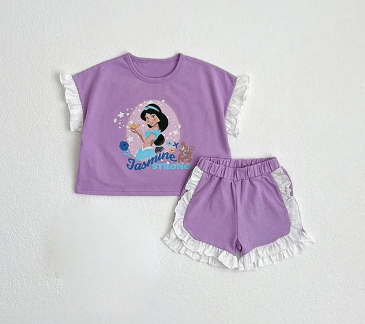 (Pre-order)GSSO2043  Cartoon Princess Purple Top Ruffle Shorts Girls Summer Clothes Set