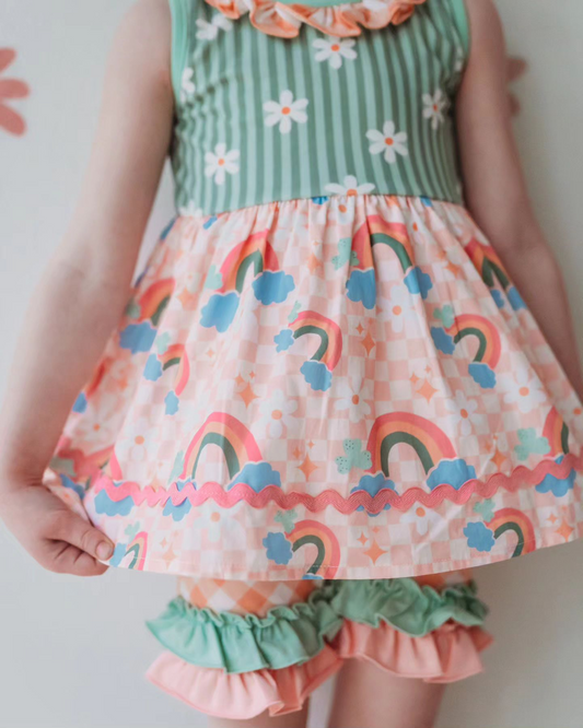 (Pre-order)GSSO2048 Rainbow Flowers Tunic Top Ruffle Shorts Girls Summer Clothes Set