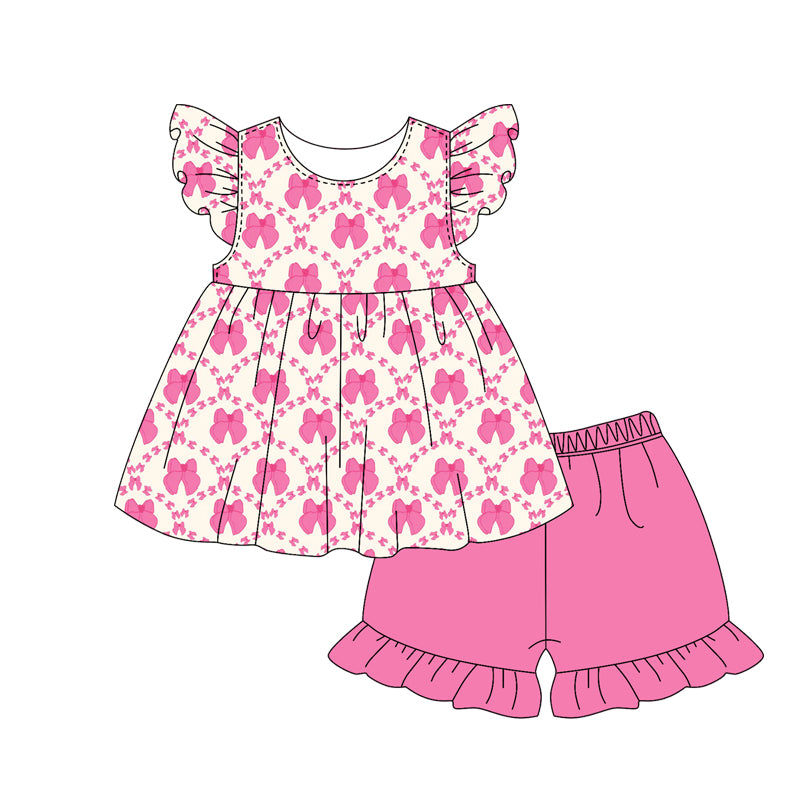 (Pre-order)GSSO2051  Bows Pink Print Shorts Girls Summer Clothes Set