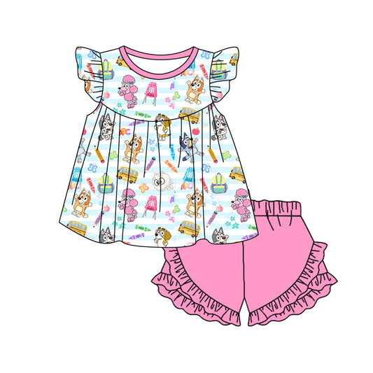 (Pre-order)GSSO2063  Cartoon Dog Pen Bus Tunic Top Pink Shorts Girls Back to School Clothes Set