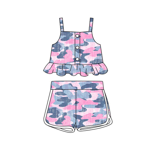 (Pre-order)GSSO2064  Pink Camo Print Vest Top Shorts Girls Summer Clothes Set