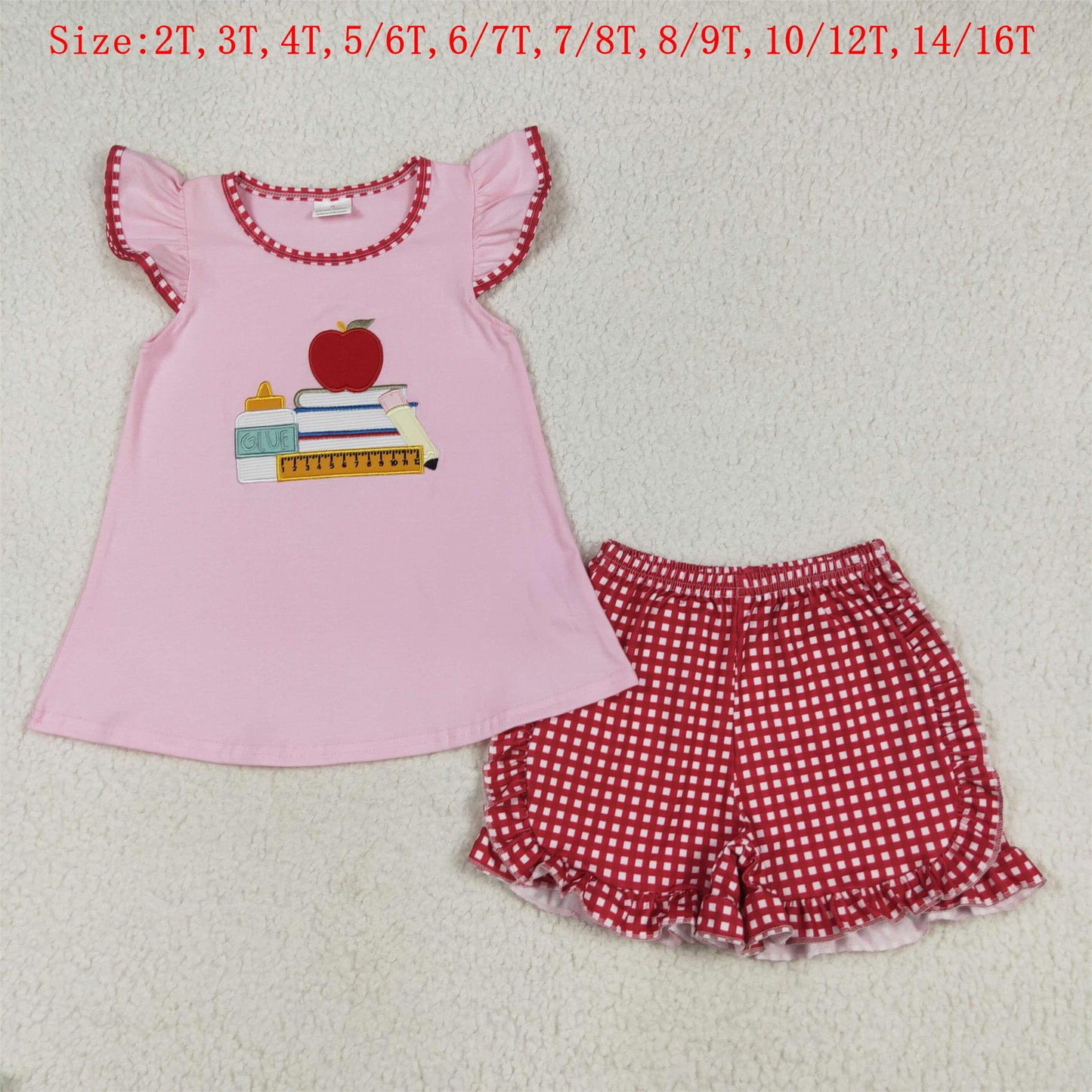 Book Apple Embroidery Top Plaid Shorts Kids Back to School Clothes Set Sibling Wear