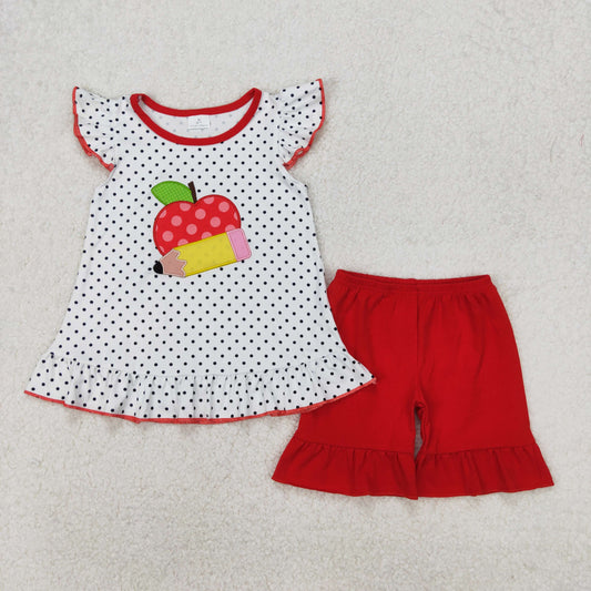 GSSO2071  Apple Pen Embroidery Dots Top Red Shorts Girls Back to School Clothes Set