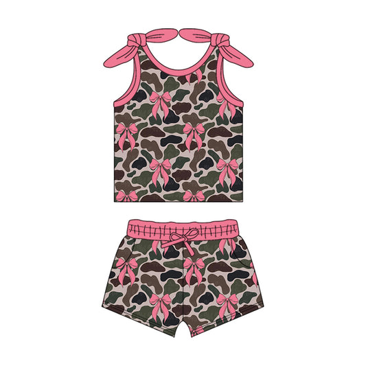 (Pre-order)GSSO2083  Camo Bows Print Pockets Shorts Girls Summer Clothes Set