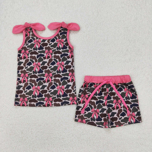 GSSO2083  Camo Bows Tank Top Pockets Shorts Girls Summer Clothes Set