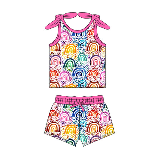 (Pre-order)GSSO2085  Colorful Rainbow Print Pockets Shorts Girls Summer Clothes Set