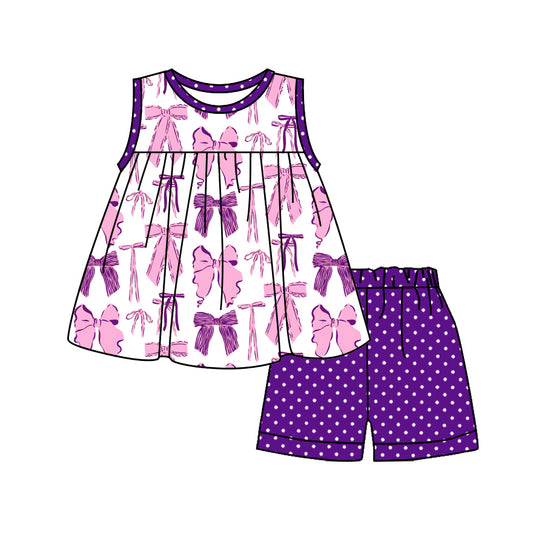 (Pre-order)GSSO2105  Purple Bows Tunic Top Dots Shorts Girls Summer Clothes Set