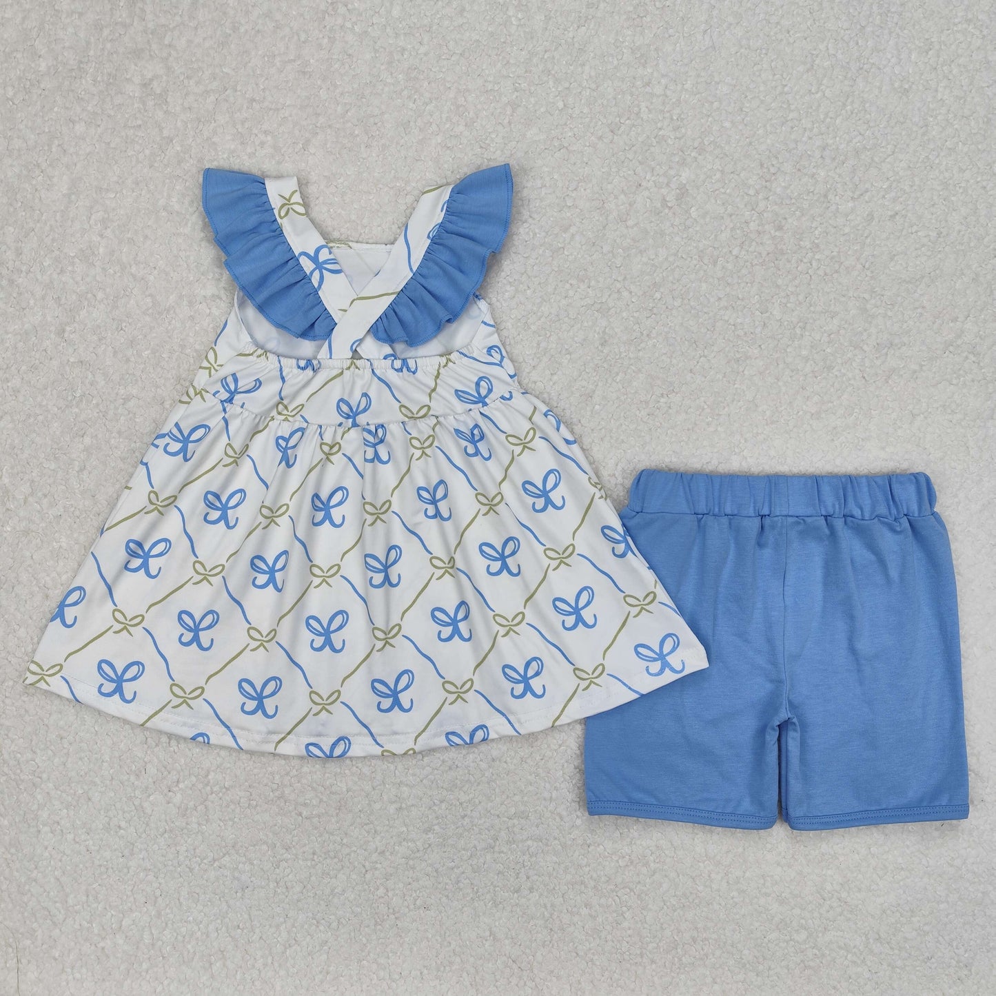 GSSO2109  Blue Bows Tunic Top Ruffle Shorts Girls Summer Clothes Set