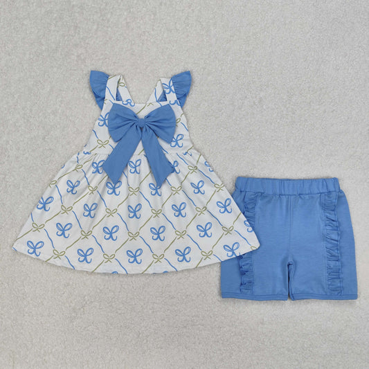 GSSO2109  Blue Bows Tunic Top Ruffle Shorts Girls Summer Clothes Set