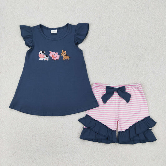 GSSO2110  Farm Animals Embroidery Blue Top Stripes Shorts Girls Summer Clothes Set