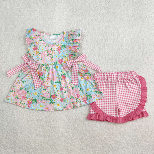 GSSO2111  Colorful Flowers Tunic Top Plaid Shorts Girls Summer Clothes Set