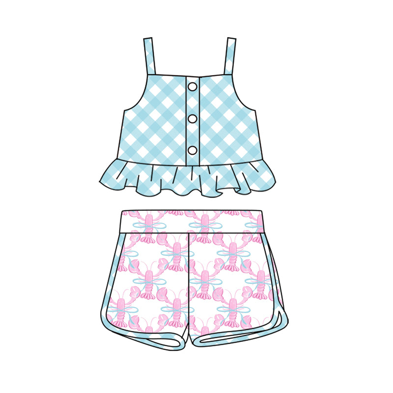 (Pre-order)GSSO2119  Plaid Top Crayfish Blue Bows Shorts Girls Summer Clothes Set