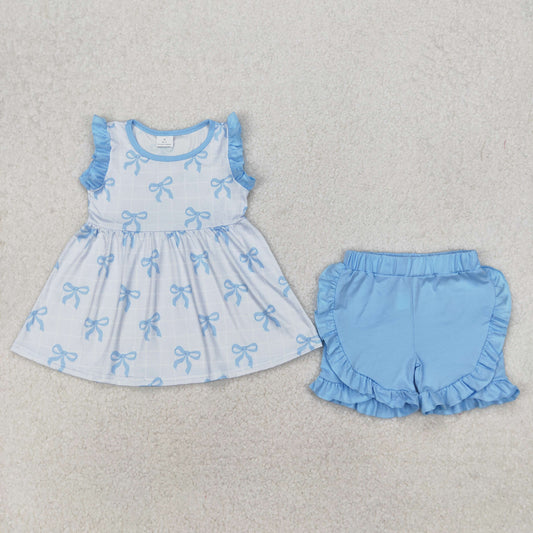 GSSO2120  Bows Tunic Top Blue Shorts Girls Summer Clothes Set