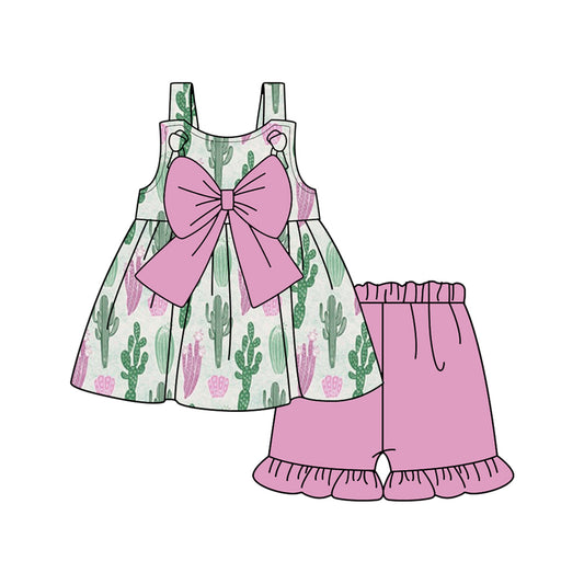 (Pre-order)GSSO2122  Cactus Tunic Top Pink Shorts Girls Summer Clothes Set