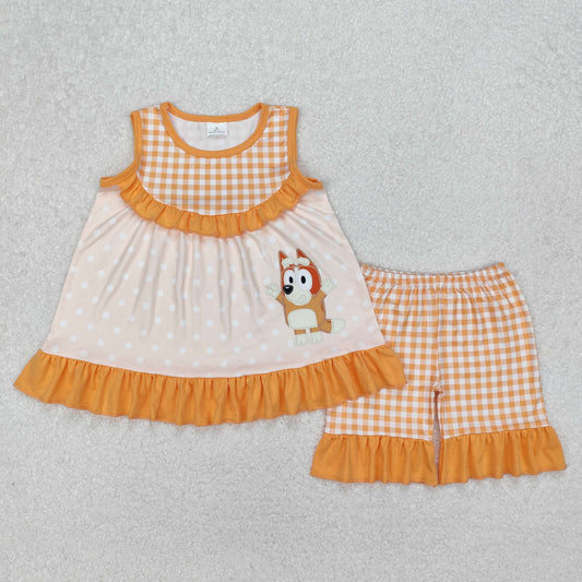 GSSO2123  Cartoon Dog Dots Tunic Top Orange Plaid Shorts Girls Summer Clothes Set