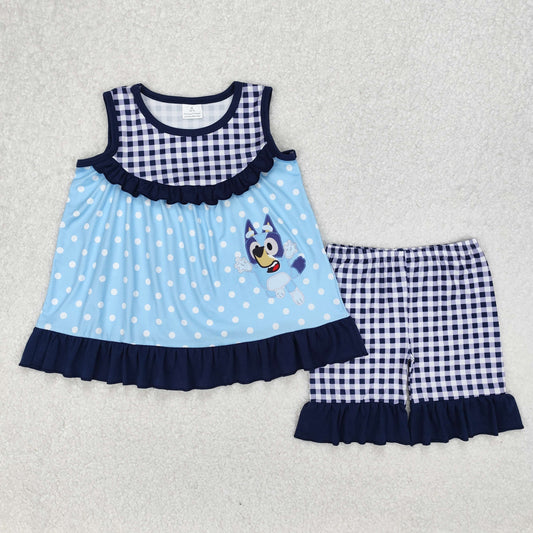 GSSO2124  Cartoon Dog Blue Dots Tunic Top Plaid Shorts Girls Summer Clothes Set