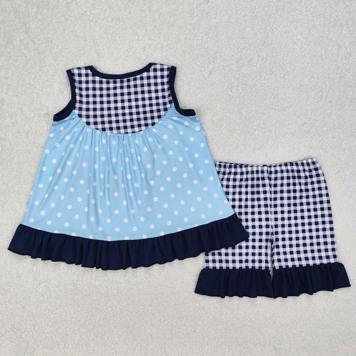 GSSO2124  Cartoon Dog Blue Dots Tunic Top Plaid Shorts Girls Summer Clothes Set