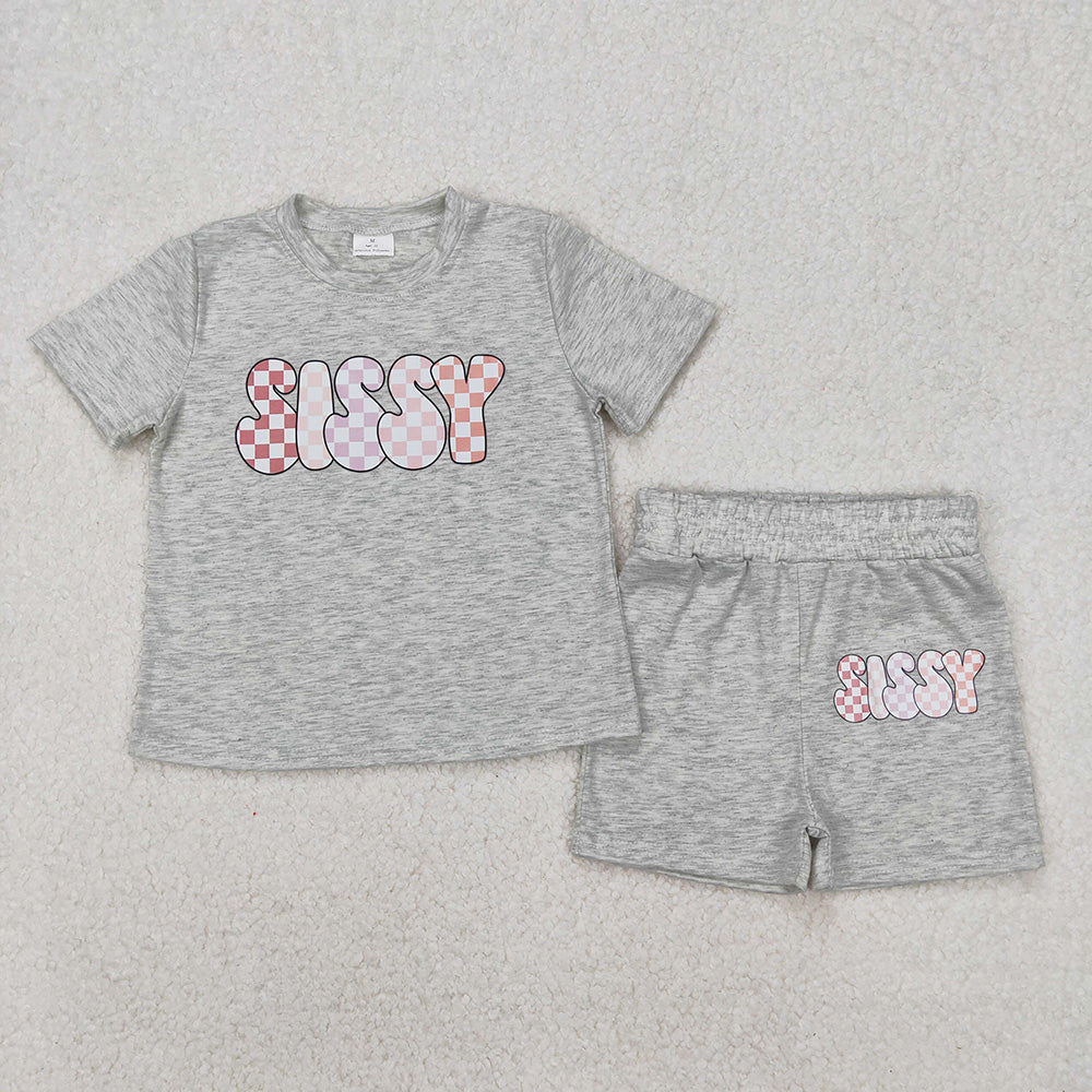 Vinyl Top Grey Shorts Kids Summer Clothes Set Sibling Outfits