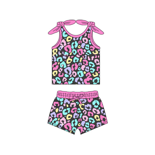 (Pre-order)GSSO2141  Colorful Leopard Print Shorts Girls Summer Clothes Set