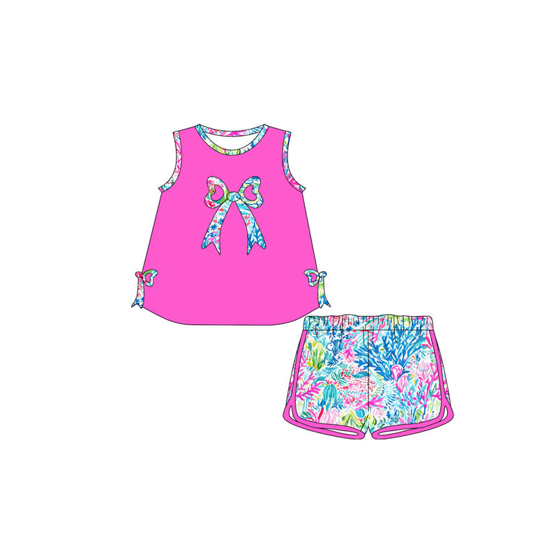 (Pre-order)GSSO2149 Seaweed Bows Hot Pink Top Shorts Girls Summer Clothes Set