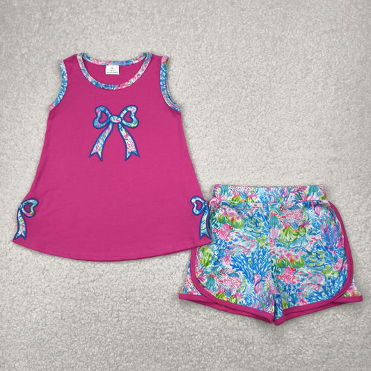 GSSO2149 Bows Embroidery Hot Pink Top Seaweed Shorts Girls Summer Clothes Set