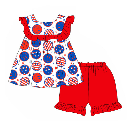 (Pre-order)GSSO2150 Smiling Face Stars Tunic Top Red Shorts Girls 4th of July Clothes Set