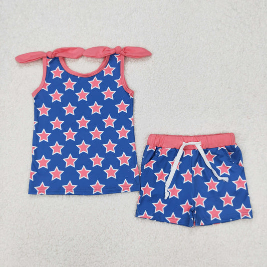 GSSO2151  Stars Print Tank Top Shorts Girls 4th of July Clothes Set