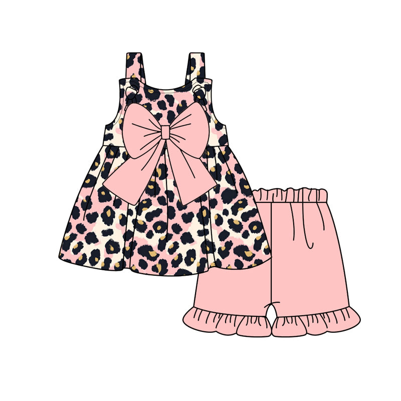 (Pre-order)GSSO2167 Leopard Tunic Top Pink Shorts Girls Summer Clothes Set