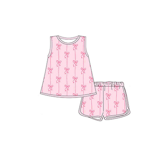 (Pre-order)GSSO2176 Pink Bows Top Shorts Girls Summer Clothes Set