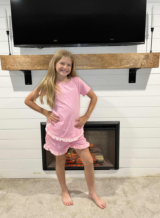 GSSO2181 Pink Cotton Ruffle Shorts Girls Summer Clothes Set
