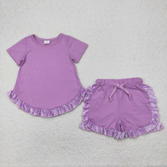 GSSO2184 Purple Color Ruffle Shorts Girls Summer Clothes Set