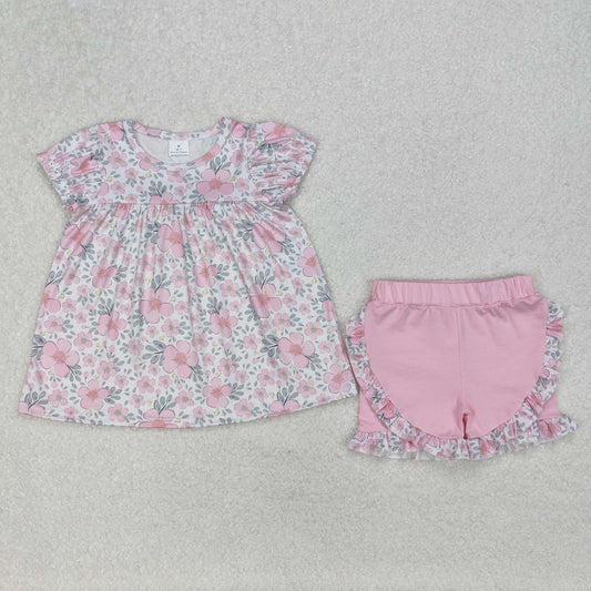 GSSO2194 Flowers Tunic Top Pink Shorts Girls Summer Clothes Set