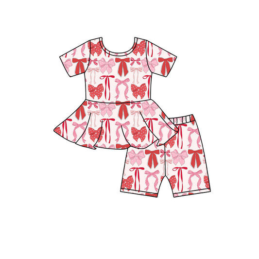 (Pre-order)GSSO2196 Red Pink Bows Print Shorts Girls Summer Clothes Set