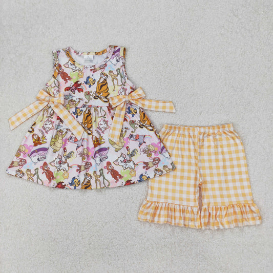 GSSO2197 Cartoon Animals Yellow Tunic Top Plaid Shorts Girls Summer Clothes Set