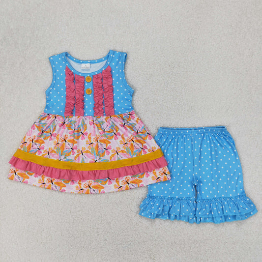 GSSO2199 Butterfly Tunic Top Blue Dots Shorts Girls Summer Clothes Set