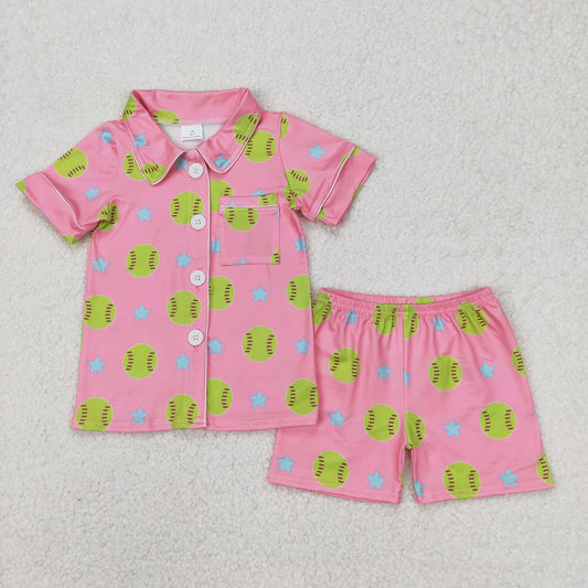 GSSO2203 Softball Stars Pink Print Girls Summer Buttons Pajamas Clothes Set