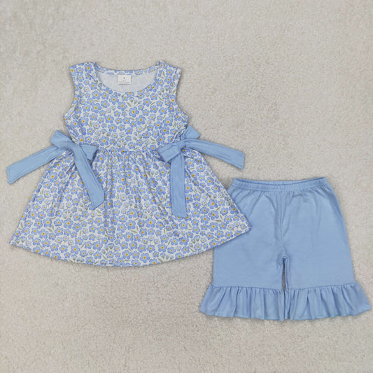 GSSO2204 Small Flowers Tunic Top Blue Shorts Girls Summer Clothes Set