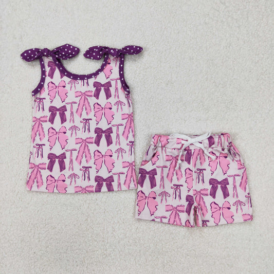 GSSO2207   Purple Bows Tank Top Shorts Girls Summer Clothes Set