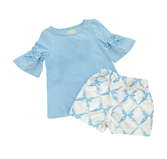 (Pre-order)GSSO2209  Blue Top Bows Shorts Girls Summer Clothes Set