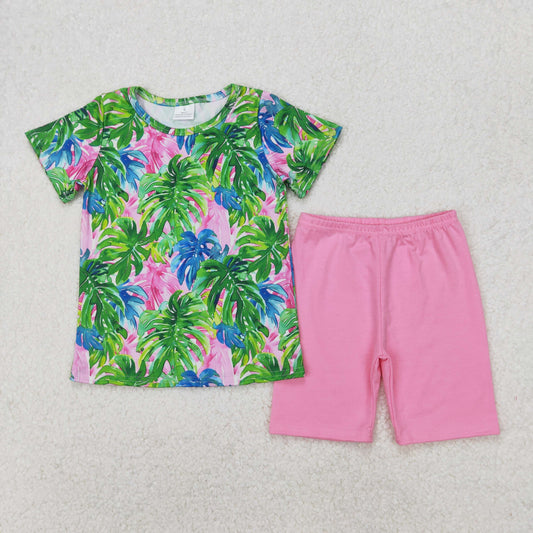 GSSO2211 Leaf Top Pink Shorts Girls Summer Clothes Set