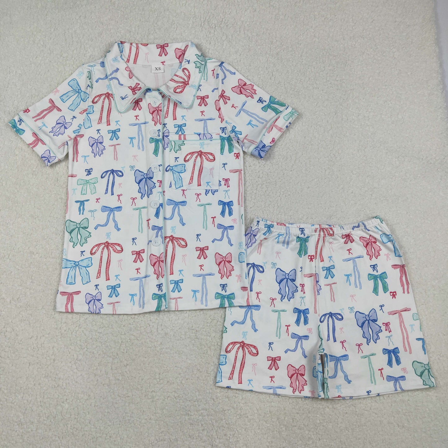 Colorful Bows White Print Mom and Me Summer Buttons Pajamas Matching Clothes Set