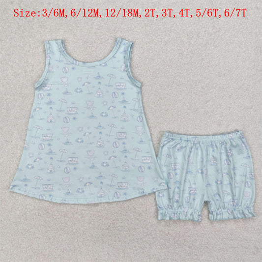 GSSO2224 Beach Ball Blue Print Shorts Girls Summer Clothes Set