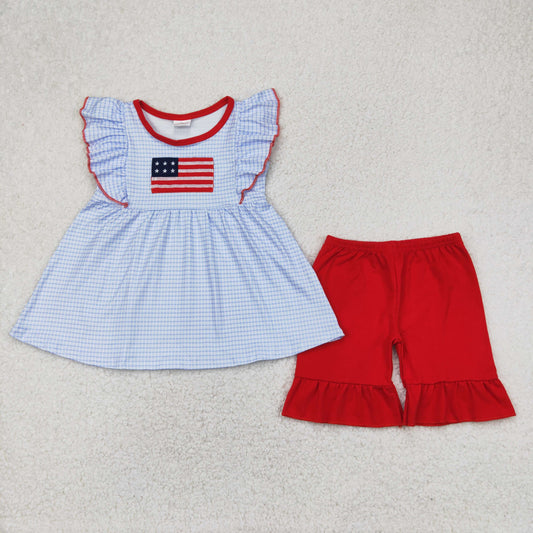 GSSO2238 Flag Embroidery Plaid Tunic Top Red Shorts Girls 4th of July Clothes Set
