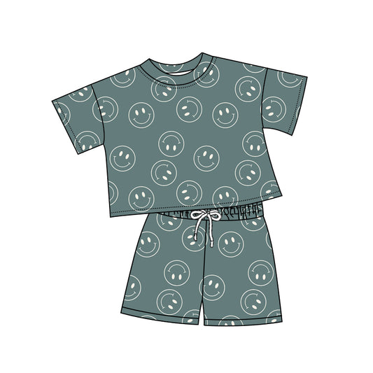 (Pre-order)GSSO2245  Smiling Face Dark Grey Print Girls Summer Clothes Set