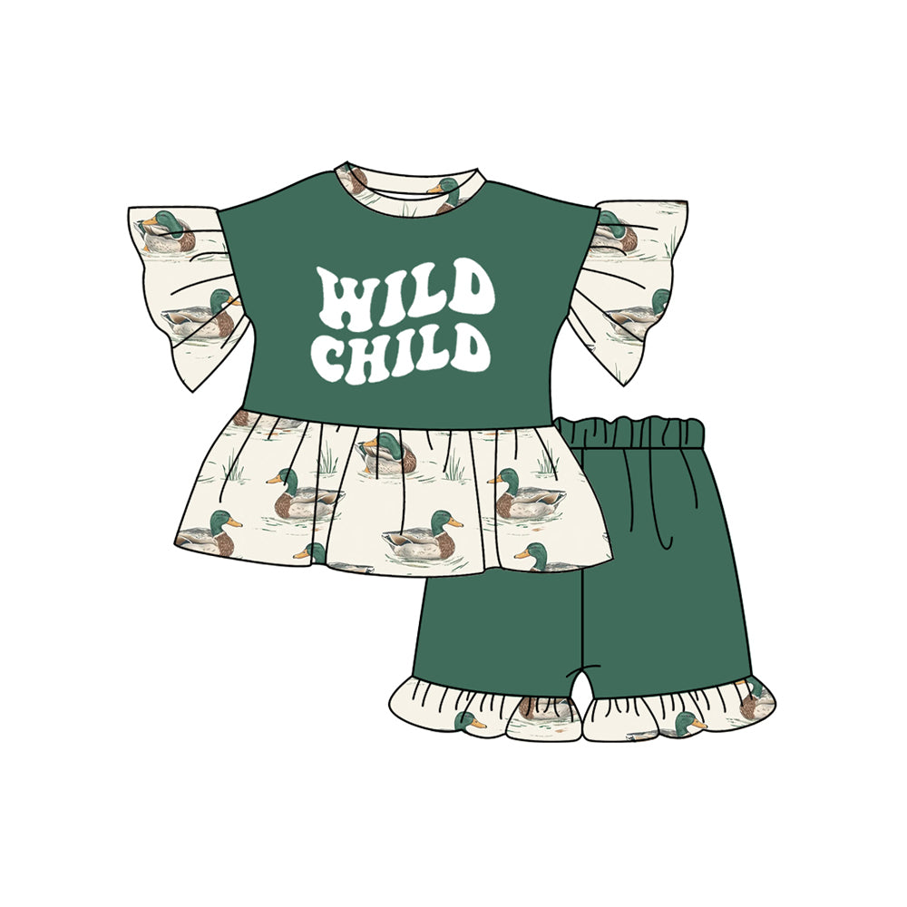 (Pre-order)GSSO2249 WILD CHILD Green Top Duck Shorts Girls Summer Clothes Set